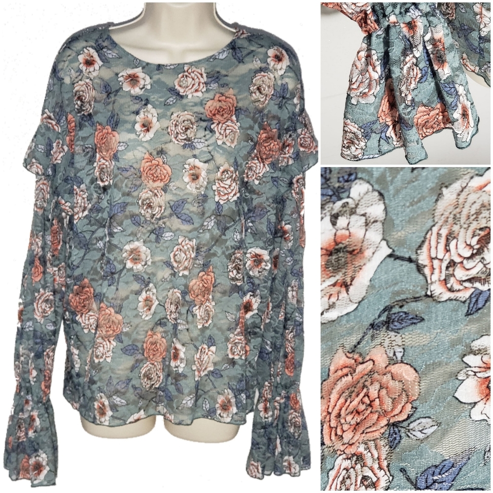 Melrose And Market Womens Blouse Gray Floral
